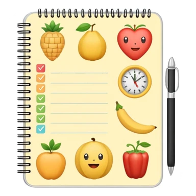 Emoji of checklist notebook with healthy food icons, nutrition planning, flat minimal emoji, pastel colors sticker