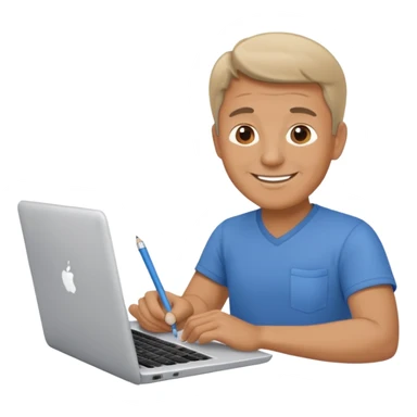 middle aged man looking at laptop and writing and smiling sticker