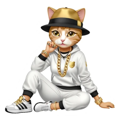 female cat lying down horizontally on the ground, crying, wearing Run DMC hip-hop outfit with tracksuit, fedora, Adidas sneakers, many gold chains, rings, bracelets, flashy earrings, no sunglasses sticker