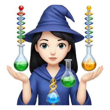 Female wizard with black hair holding a double helix DNA one hand and a methyl group in the other sticker
