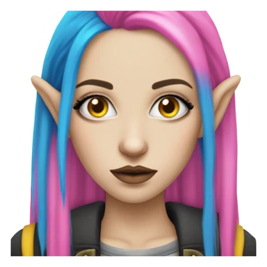 Blue eyed long eye lashes pout blonde and pink hair pale hime gyaru girl, hot pink and yellow split-dyed hair, nose ring, elf ears, dark makeup, punk clothes sticker