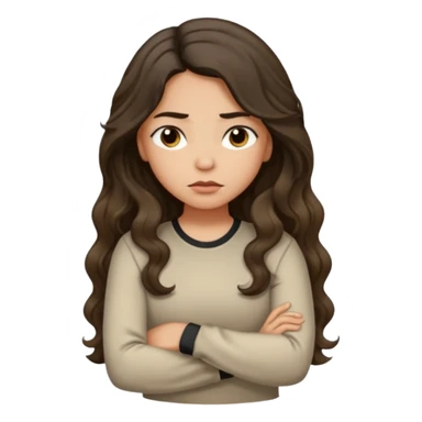 Hispanic light tan girl with long dark wavy hair with arms folded and pouting. Wearing a long sleeve. Hair with middle part. sticker