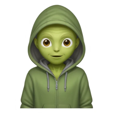 green alien in gray hoodie full height, wear hoodie hat, happy sticker