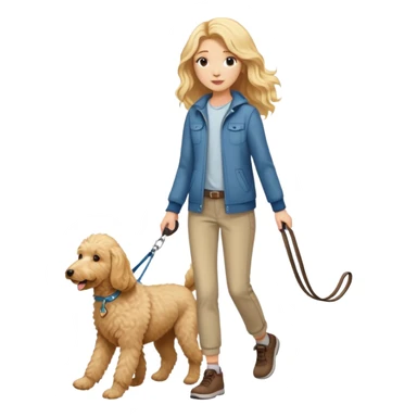 girl with long blonde hair with casual outfit walking a goldendoodle on a leash sticker