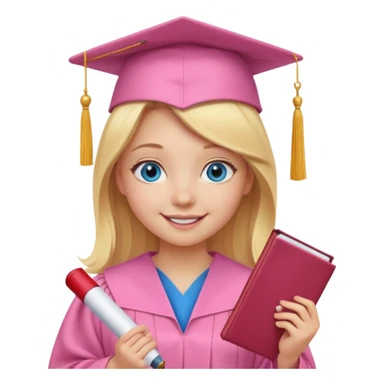 blonde girl with blue eyes in a pink graduation cap and gown, smiling, holding diploma sticker