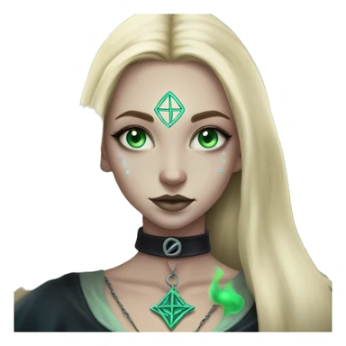 blonde witch girl with green eyes and straight hair with a birthmark above her upper lip wearing a pendative with a pentacle with a small blue stone inside doing tarot spread  sticker