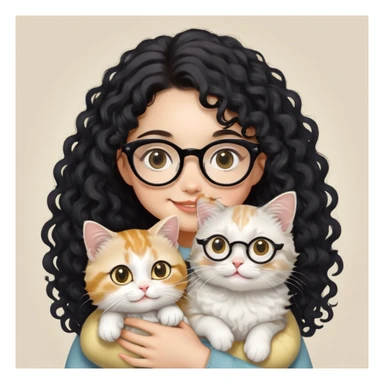 A girl with a round face and warm yellow-toned skin, sporting long black curly hair and large eyes accentuated by black thin-framed square-round glasses, smiles softly while holding a grayish-white Munchkin cat with short legs. The cat features a distinctive gray spot just below its mouth.  sticker