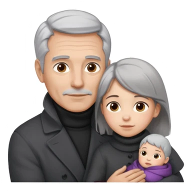 A father with silver-grey hair styled neatly and a clean-shaven face, wearing a dark turtleneck and wool coat, holding his girl child gently.  sticker