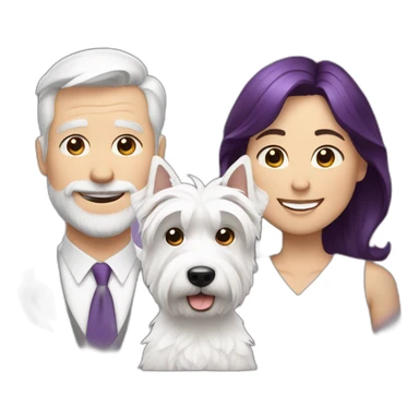a family consisting of 1 white man with dark brown hair, 1 white woman with purple hair and 1 happy west highland white terrier sticker