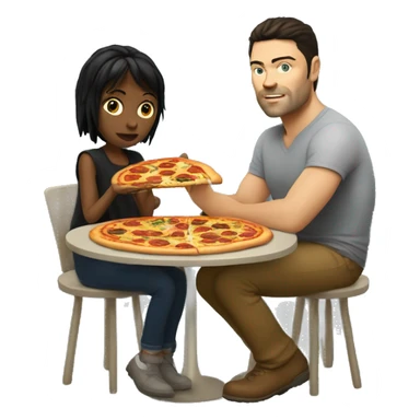 karl urban sitting at a table eating pizza with small white girl with black hair sticker