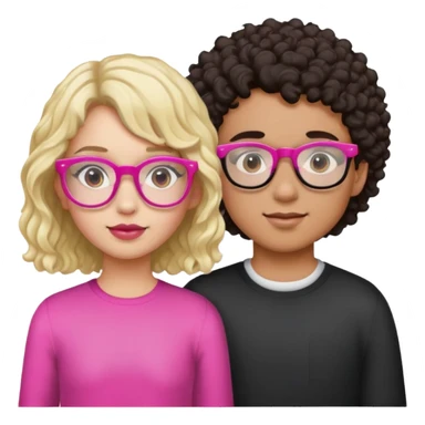 Girl with Dark Brown Curly Hair, Pink glasses, And a mixed skin tone. Boy with white skin tone, Blonde Hair and black glasses  sticker