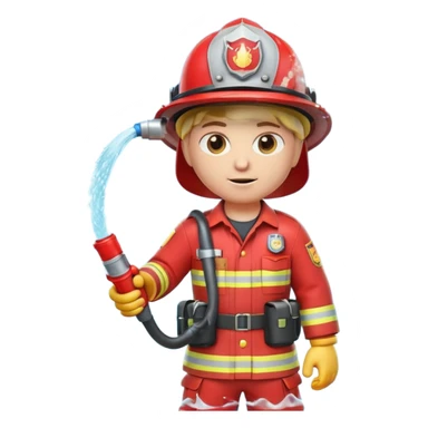 A 3D Apple-style emoji character dressed as a firefighter in a bright red uniform and helmet, holding a fire hose spraying water forward, determined expression with cartoonish eyes, water splashing effect, clean minimal background sticker