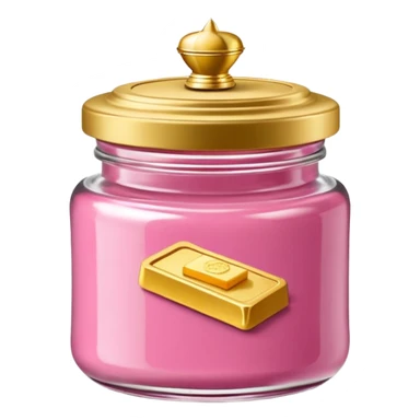 Una miniatura fotorrealista de un tarro de mantequilla corporal elegante, con una tapa dorada brillante. Una sola moneda de oro, pequeña y sutil, reposa al lado del tarro. Iluminación suave de estudio. Colores: rosa, terracota y dorado. Estilo: lujo en miniatura. sticker