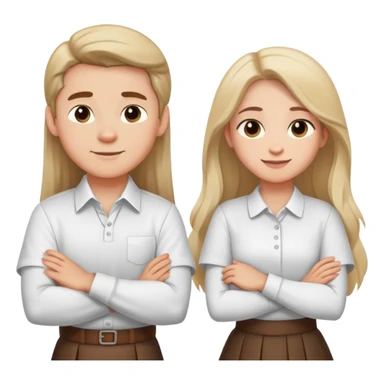 A boy in a white shirt and a girl with long hair in a skirt crossed their arms over their chests - with happy faces sticker