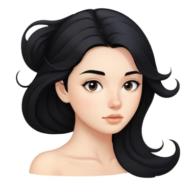 young woman with acne on face, flowing black hair and subtle makeup sticker