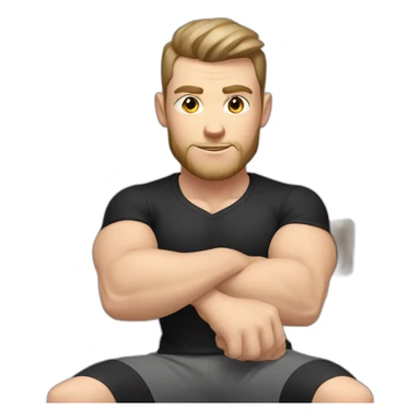 Pale skinned Fit Man With the biceps and dark brown hair in black shirt, gray sports shorts and white Sneakers Sitting on a chair sticker