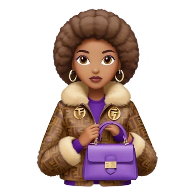 Beautiful black woman wearing a brown monogram Fendi jacket with a fur trim. She is carrying a purple Fendi Mini Peekaboo Bag. I want the image to start at her head and end at the chest sticker