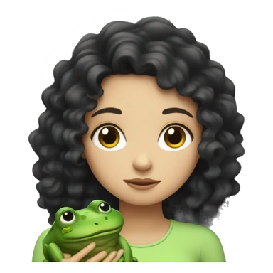 a white girl with curly black hair looking very sleepy and hugging a frog sticker