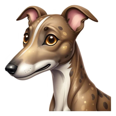 Cinematic Cute Brindle Greyhound Portrait Emoji, Head tilted playfully and inquisitively, featuring a sleek brindle Fur with subtle variations and round, sparkling eyes filled with curiosity, Simplified yet irresistibly adorable features, highly detailed, glowing with a warm, friendly glow, high shine, affectionate and nimble, stylized with a touch of whimsy, bright and endearing, soft glowing outline, capturing the essence of a mischievous yet loving companion, so playful it feels like it could sprint out of the screen and into your arms! sticker
