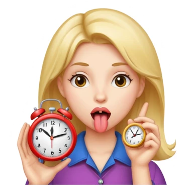 A girl with her tongue out holding a clock  sticker