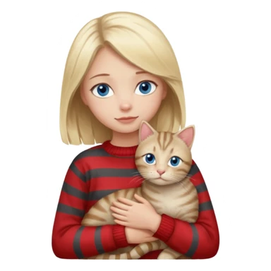 Blonde girl with blue eyes in red sweater cuddling with light grey tabby cat with dark grey stripes sticker