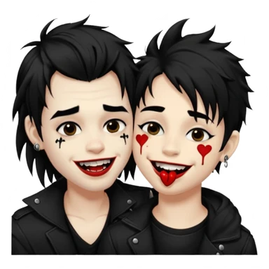 Laughing pale Goth boy with a bunch of face piercings, with shaggy dark brown hair, and messy black eyeliner , smudged, red, lipstick , kissing tan boy with long black hair  sticker