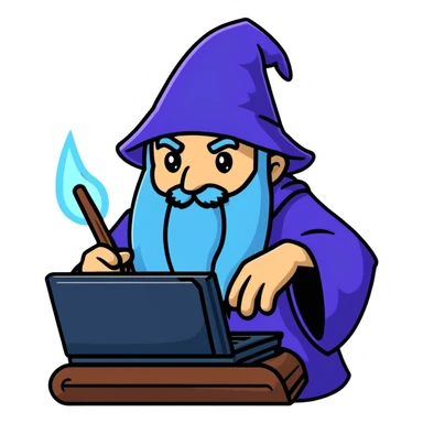 A wizard casting magic spells on a computer, IT wizard sticker