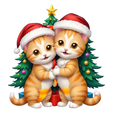 2 hazel eyed cute hugging laughing fluffy gold twin kittens with Santa hats by a colorful multicolored brightly lit up Christmas trees sticker