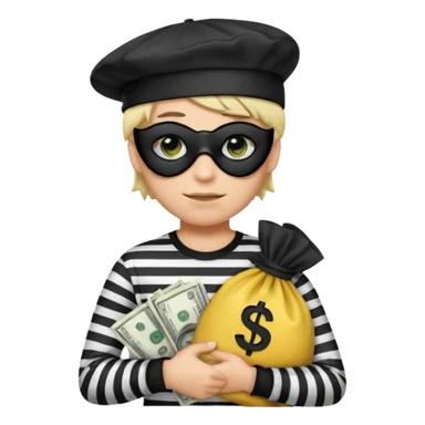 Realistic ios emoji-style portrait of a classic burglar, a black eye mask and a black-and-white striped shirt. emoji-like hair, black hat, a bag of money 💰 with a dollar sign in a right corner, mean expression  sticker