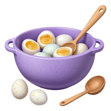 a lilac ceramic mixing bowl with a wooden spoon stirring and sitting next to it is a few eggs sticker