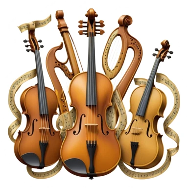 Create a sophisticated, festive, and professional emoji collage resembling a coat of arms, symbolizing string instruments. The design should feature several string instruments, such as a violin, cello, guitar, and harp, arranged in an elegant, balanced composition. Each instrument's neck (fingerboard) should intertwine with flowing musical notes, forming a ribbon-like structure that weaves through the instruments. The strings of the instruments should be emphasized, creating a dynamic and elegant effect. Use rich gold and silver accents to highlight the professional quality of the instruments, with deep wooden tones for the body of each instrument. Surround the instruments with a subtle border, resembling a heraldic crest, and add small decorative elements like laurel leaves or subtle flourishes. The background should be transparent to keep the design clean and polished. sticker