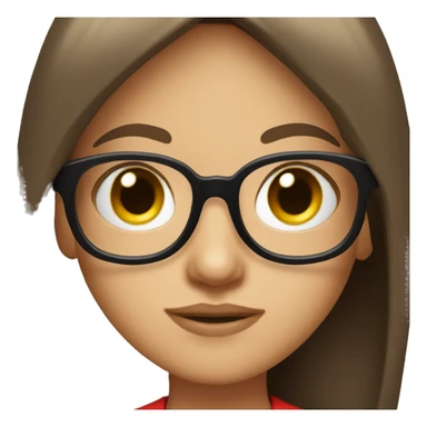 pretty girl with long brown hair and bangs wearing black glasses and a red shirt sticker