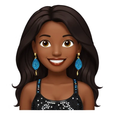 Chilli from TLC with long dark brown hair, black sequin crop top, black earring, dark skin sticker