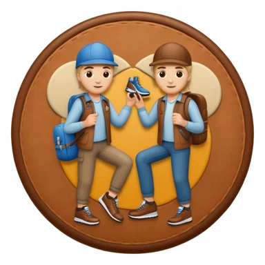 circular achievement style badge featuring two people working together making a sneaker sticker