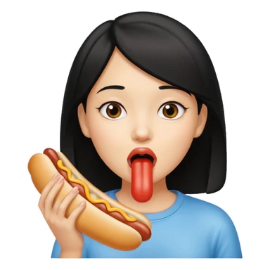 Black haired girl holding hotdog near mouth pretending to lick it sticker