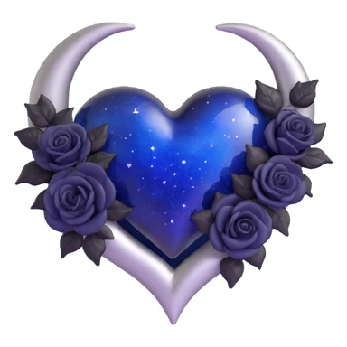 3D emoji gothic heart, midnight blue glass, silver crescent moon, tiny black roses, shimmering stardust, mysterious and rich sticker