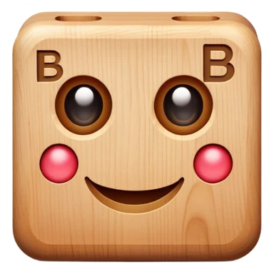 A wooden letter B block toy with adorable eyes and a happy expression sticker