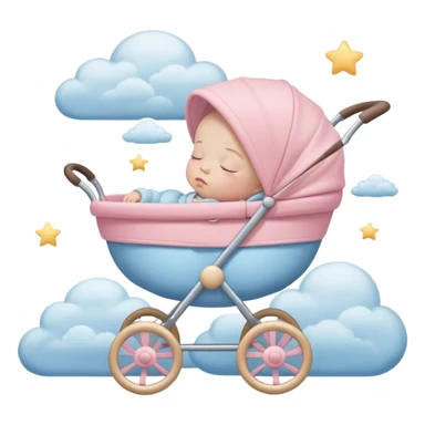 sleeping baby with closed eyes in pink and beige stroller with pastel blue clouds around it sticker