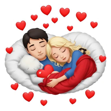 Sleeping couple. two people. man has dark hair. woman is blonde. hearts surrounding them. sticker