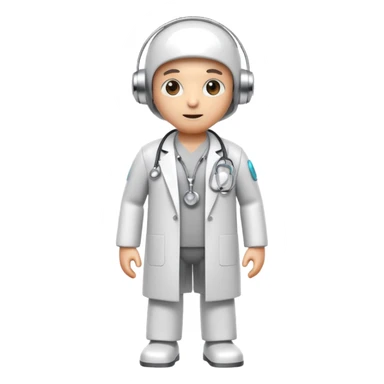 medical robot wearing a white coat and a stethoscope sticker
