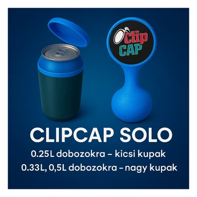 A kupakokat színezd át kékre. A CLIPCAP DUO felírat helyett CLIPCAP SOLO felírat legyen, a "kicsi és nagy kupak a csomagban" szöveg helyett "0.25L dobozokra - kicsi kupak" és a "0.33L,0.5L dobozokra - nagy kupak" külön sorban. A 0.25L, a 0.33L, a 0.5L-t ponttal írd! sticker