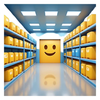 Warehouse interior designed in emoji style, 3D emoji aesthetic, bright colors, soft rounded shapes, simplified details, glossy plastic texture, clean environment, playful lighting, high resolution, sharp focus, vibrant, cartoon-like but rendered in 4K, studio quality. sticker