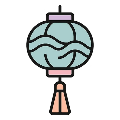 Chinese lantern with wave pattern and tassel, thin clean outlines, soft rounded shapes, pastel palette #98B5BC, #B5B3C1, #C9A3C9, #E4C0CA, #F7DCD1, #F7C0AA, modern Japanese pop art and sticker aesthetic, detailed shadows and highlights, soft lighting, transparent background sticker