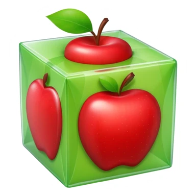 large cube-shaped box wrapped in light green tape, apple style emoji sticker