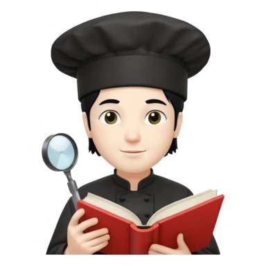 ["A happy man with pale skin, straight hair, wearing a chef hat and no glasses, dressed in goth fashion, is reading a book while holding a camera."] sticker