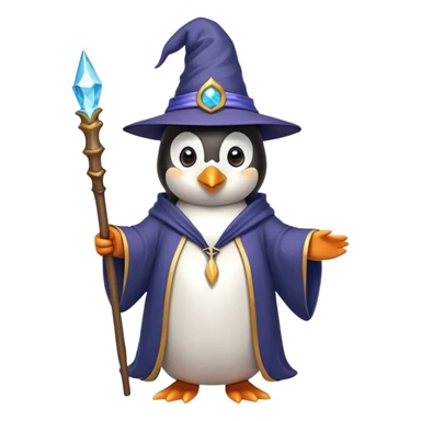 Penguin wearing wizard hat and robe holding a magic wand sticker