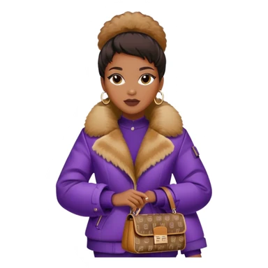 Beautiful black woman wearing a brown monogram Fendi jacket with a fur trim. She is carrying a purple Fendi baguette bag. I want the image to start at her head and end at the chest sticker