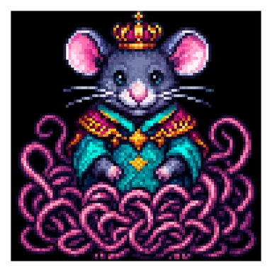 Enhance the image to show more tangled tails among the rats in a pixel art style. Emphasize the pixel art aesthetic with clear, blocky pixels and vibrant colors typical of pixel art. Increase the complexity and visibility of the tails to appear more intertwined and tangled, while maintaining the pixel art style. sticker