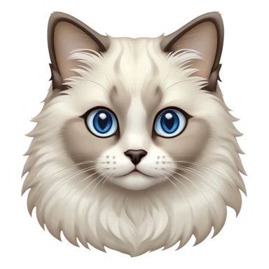 Cinematic-Fluffy-Seal-Ragdoll-Cat-Portrait-Emoji – Head tilted cutely with big, sparkling blue eyes, soft brown-and-white fur with darker seal points on the ears, face, and paws, simplified yet irresistibly adorable features, highly detailed, glowing with a soft and warm charm. sticker