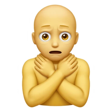 Yellow face emoji strangling itself with 2 arms crossed and hands saround neck and eyes looking up in fear sticker